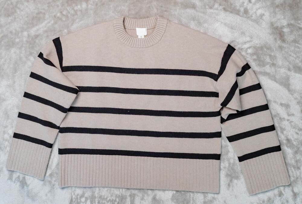 H&M Loose Fit Heather Tan Black Striped Crewneck Sweater Womens Size L
